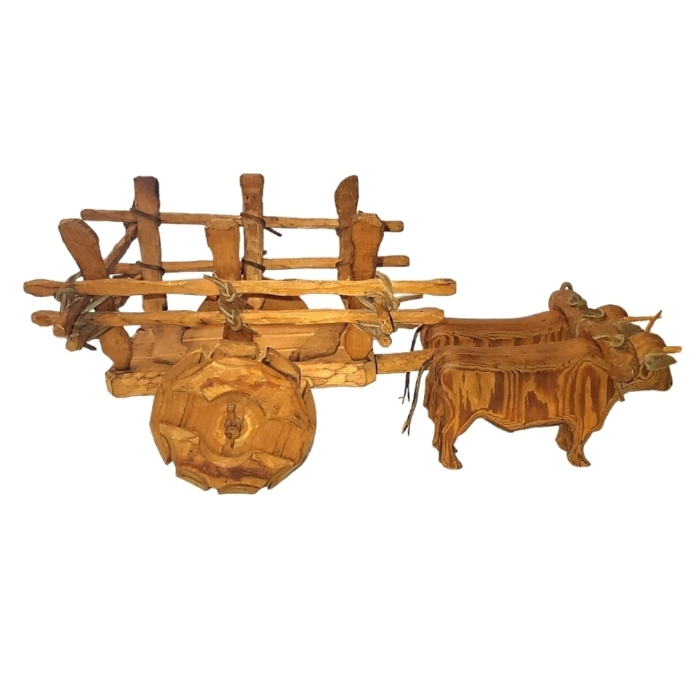 Hand Carved Wooden Oxen pulling cart, tied with leather strands
